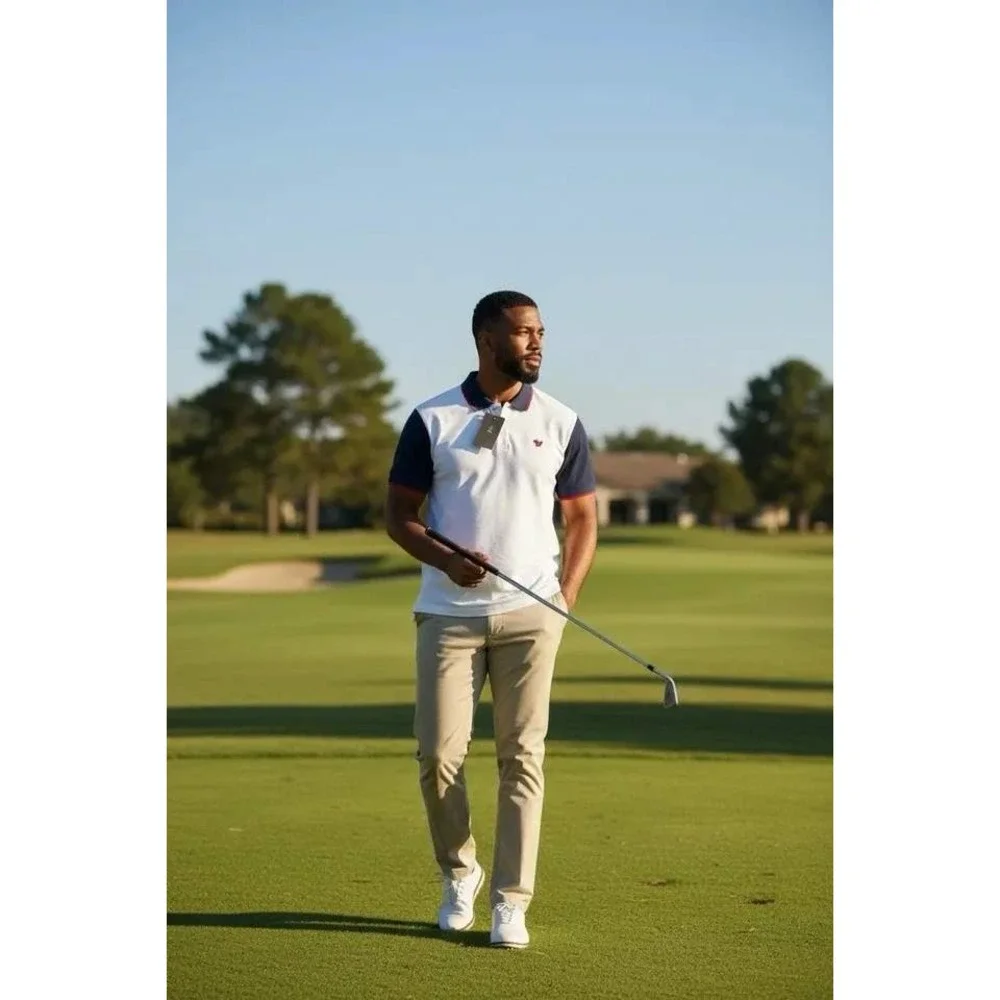 Bad Birdie Mens Golf Polo Shirt XL White Navy Blue Red Trim Performance New